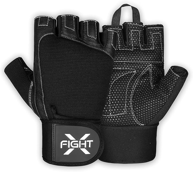 fightx 运动手套男女无指工作手套,带全掌垫强力腕带,锻炼皮革手套